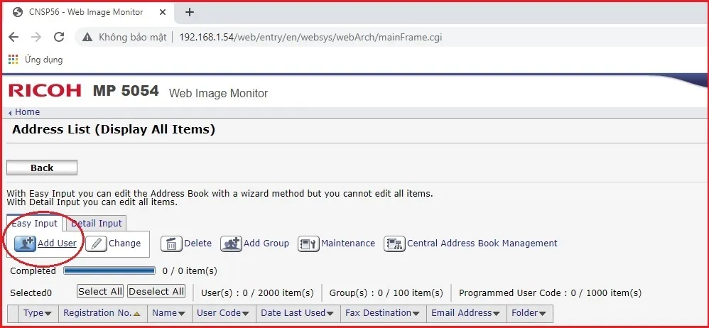 Chọn Add User để bắt đầu cài scan to folder máy photocopy Ricoh