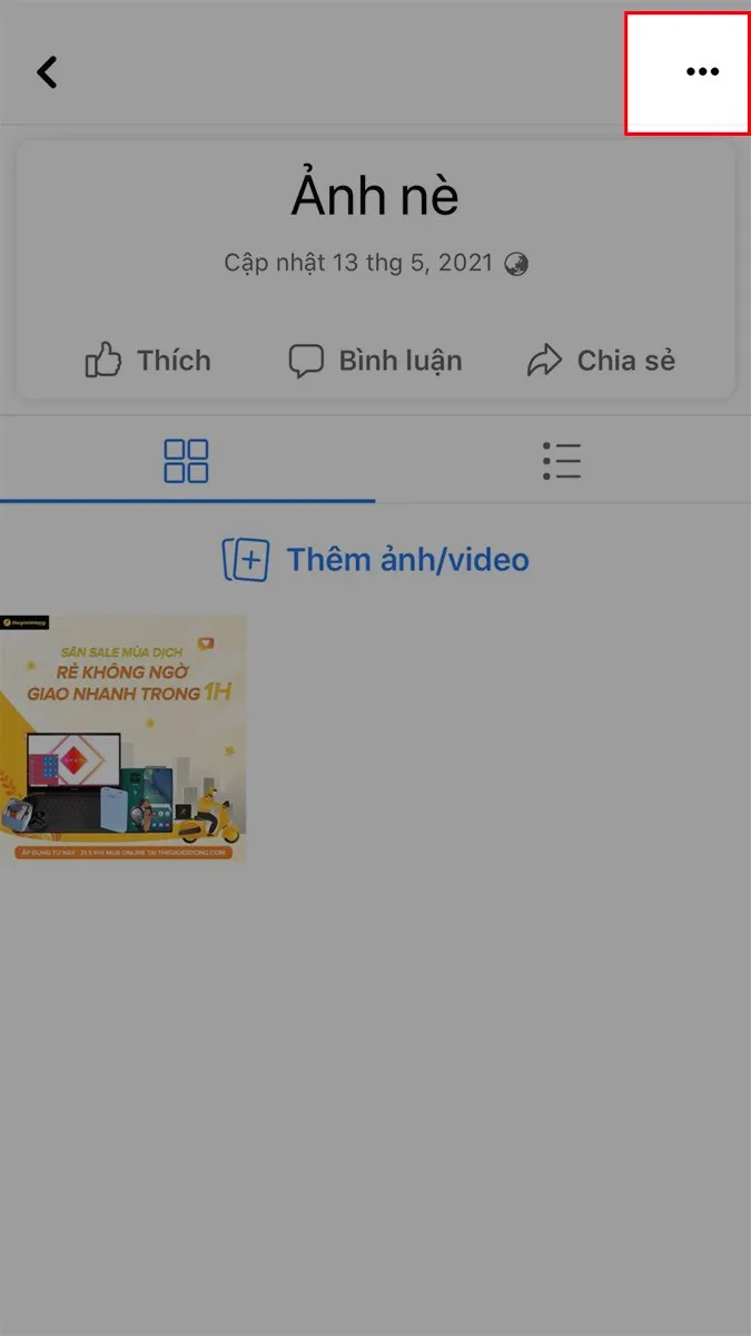 Chọn album ảnh mà bạn muốn ẩn > Nhấn vào biểu tượng 3 dấu chấm ở góc trên bên phải