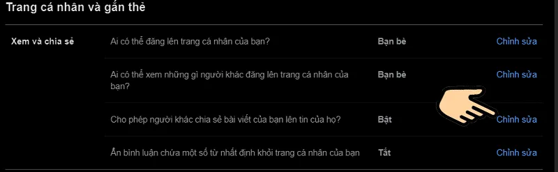 Chọn Bật để cho phép người khác chia sẻ bài đăng trên tin của họ