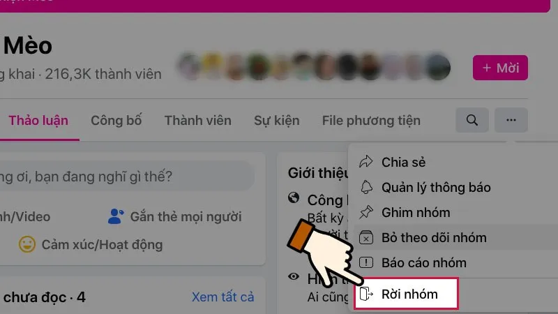 Chọn biểu tượng 3 chấm rồi Rời khỏi nhóm trong giao diện máy tính để quản lý nhóm Facebook