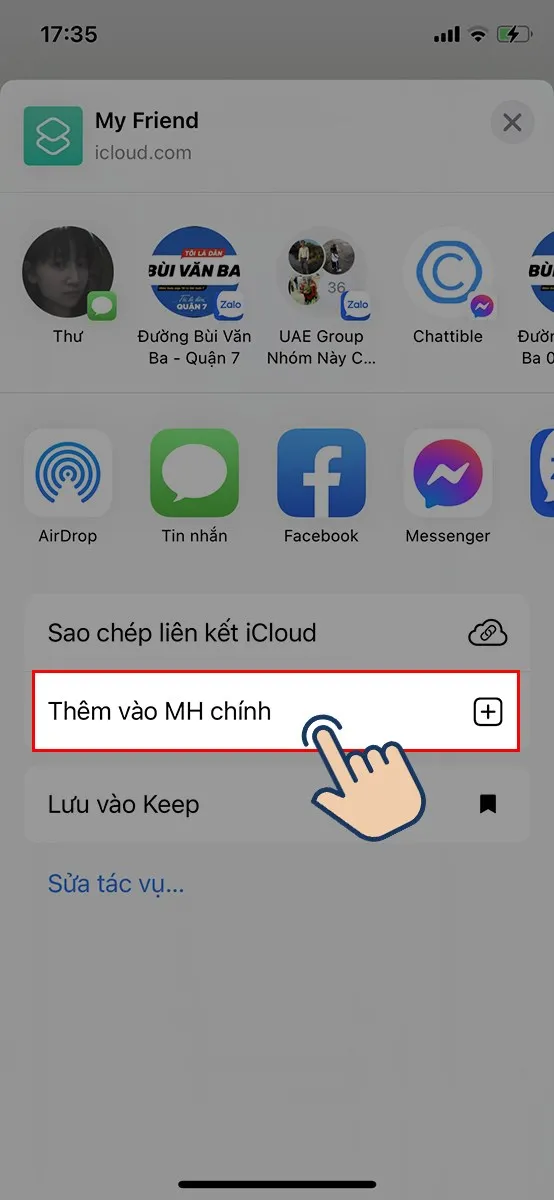 Chọn biểu tượng Chia sẻ, sau đó chọn Thêm vào MH chính để cá nhân hóa biểu tượng