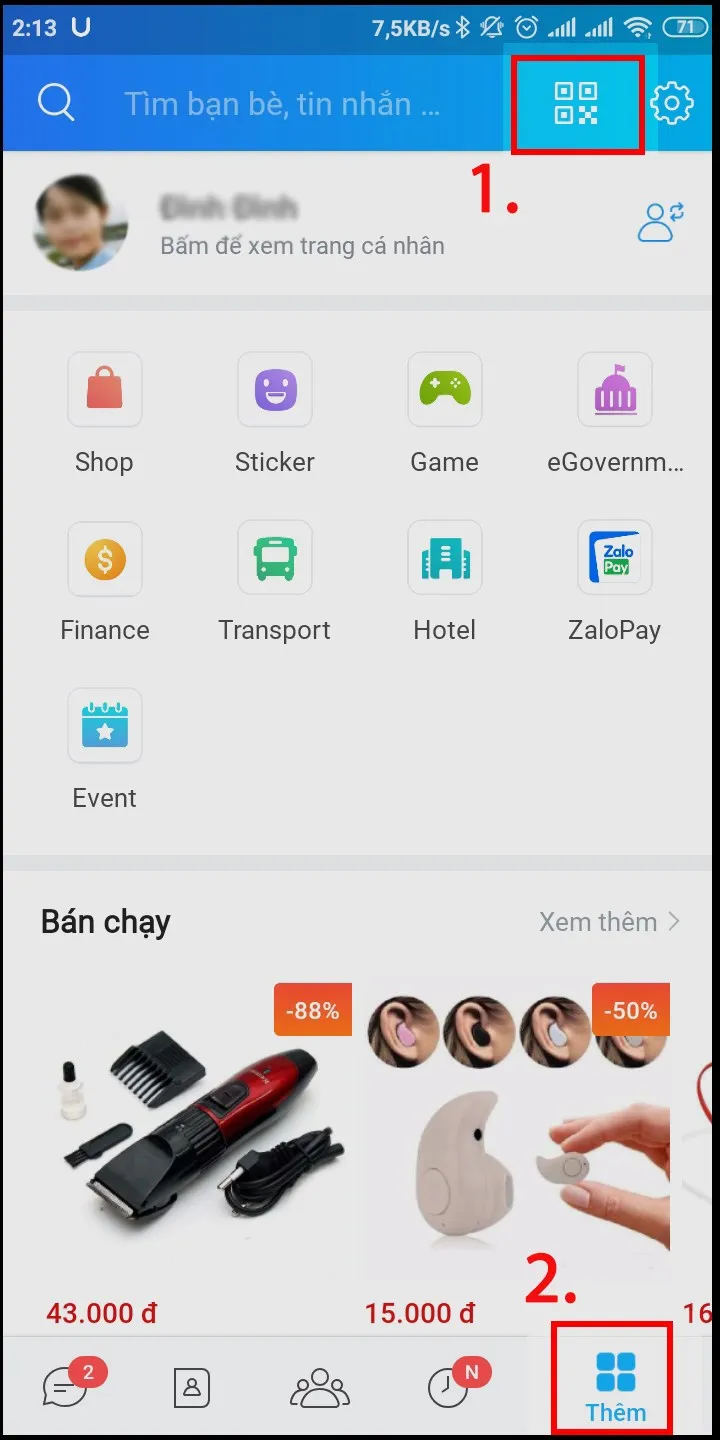 Chọn biểu tượng mã QR trong mục Thêm trên ứng dụng Zalo di động