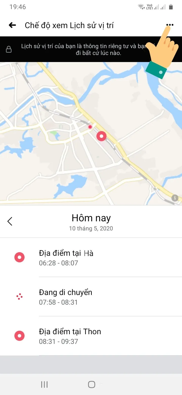 Chọn biểu tượng Menu 3 chấm ngang để mở các tùy chọn lọc dữ liệu lịch sử vị trí