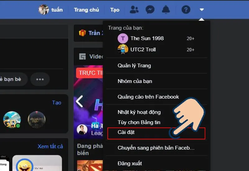 Chọn biểu tượng mũi tên và chọn Cài đặt.