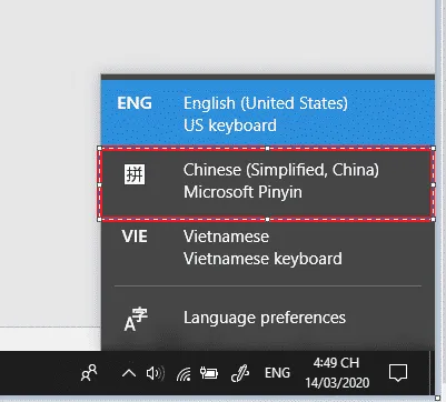 Chọn biểu tượng ngôn ngữ ở Taskbar và chuyển sang bộ gõ Chinese (CH) để sử dụng