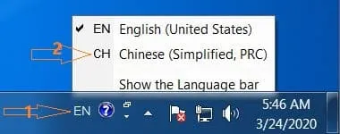 Chọn biểu tượng ngôn ngữ trên Taskbar (EN) và chuyển sang CH Chinese (Simplified, PRC) để kích hoạt bộ gõ