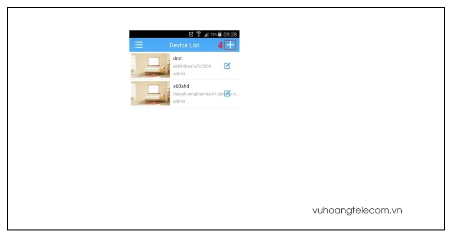 Chọn biểu tượng thêm thiết bị trong giao diện Device List của Xmeye