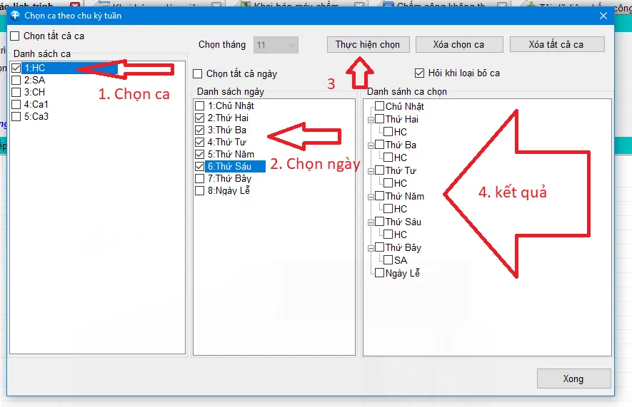 Chọn ca và sắp xếp cho các ngày trong tuần Wise Eye