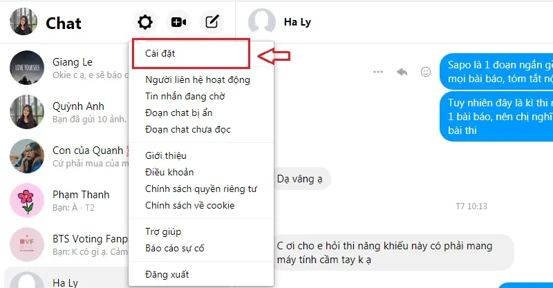 Chọn cài đặt để bỏ chặn trên Messenger Facebook phiên bản web