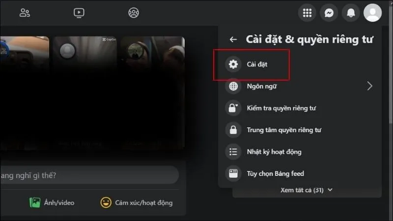 Chọn Cài đặt để tiếp tục thao tác đổi tên trên Facebook