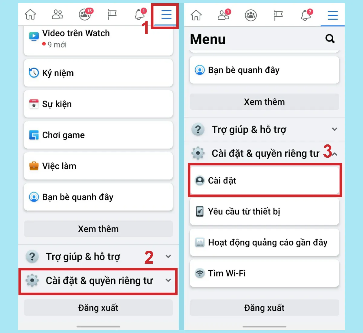 Chọn Cài đặt & quyền riêng tư bằng điện thoại để cài hiển thị người theo dõi trên Facebook