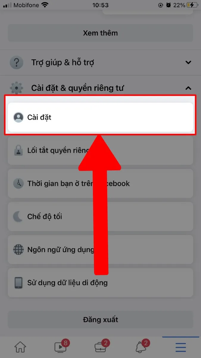 Chọn Cài đặt & Quyền riêng tư cho trải nghiệm game Facebook mobile