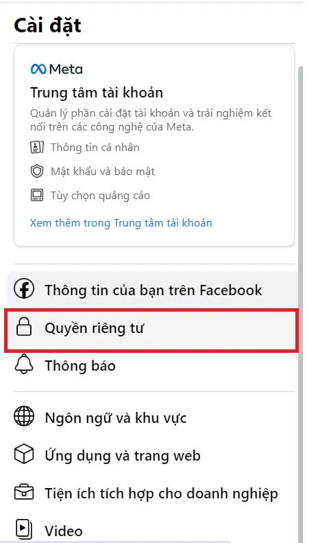 Chọn Cài đặt Quyền Riêng Tư để tìm kiếm tùy chọn Bài Viết Công Khai