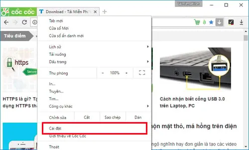 Chọn Cài đặt (Settings) trên trình duyệt Cốc Cốc