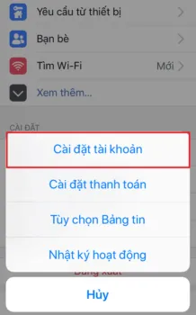 Chọn cài đặt tài khoản để tìm kiếm chức năng quản lý phiên đăng nhập