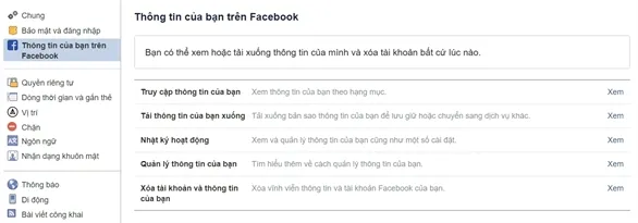 Chọn Cài đặt - Thông tin của bạn trên Facebook - hình minh họa