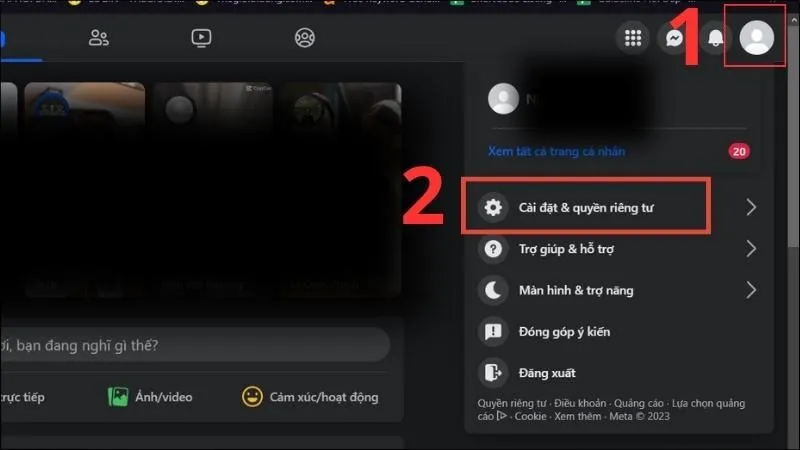 Chọn Cài đặt và quyền riêng tư trong menu tài khoản Facebook trên máy tính