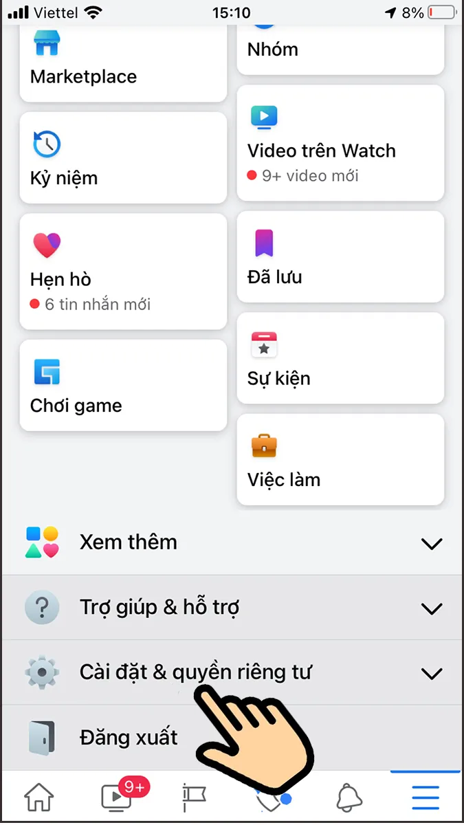 Chọn cài đặt và quyền riêng tư trong ứng dụng Facebook trên thiết bị di động