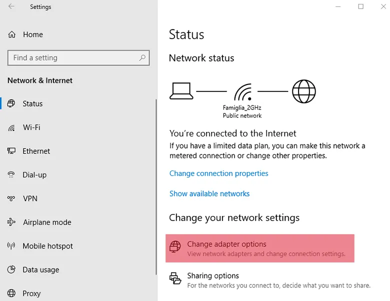 Chọn Change adapter options để kiểm tra trạng thái card mạng khi cài đặt mạng cho laptop