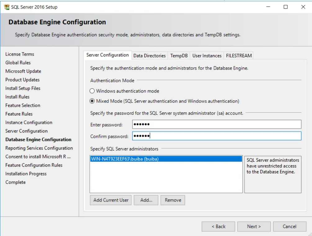 Chọn chế độ xác thực Mixed Mode và đặt mật khẩu