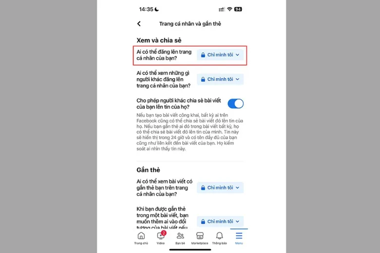 Chọn Chỉ mình tôi cho Ai có thể gửi bài trên trang cá nhân của bạn