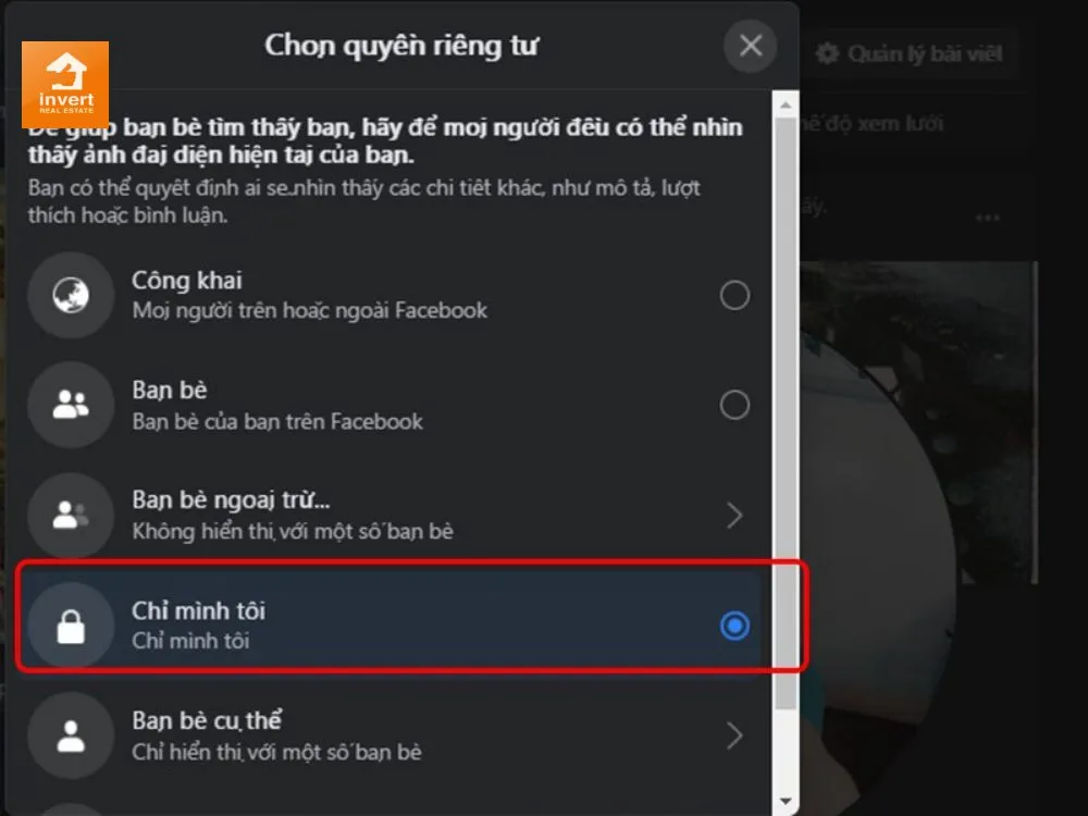 Chọn Chỉ mình tôi trong phần Chỉnh sửa đối tượng trên giao diện web