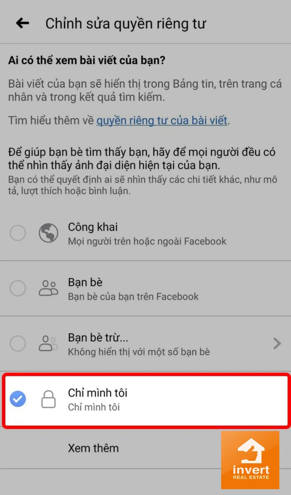 Chọn Chỉ mình tôi trong phần chỉnh sửa quyền riêng tư