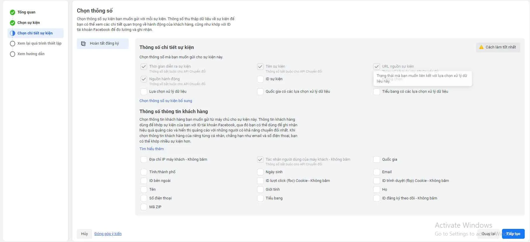 Chọn chi tiết sự kiện Facebook Pixel theo dõi