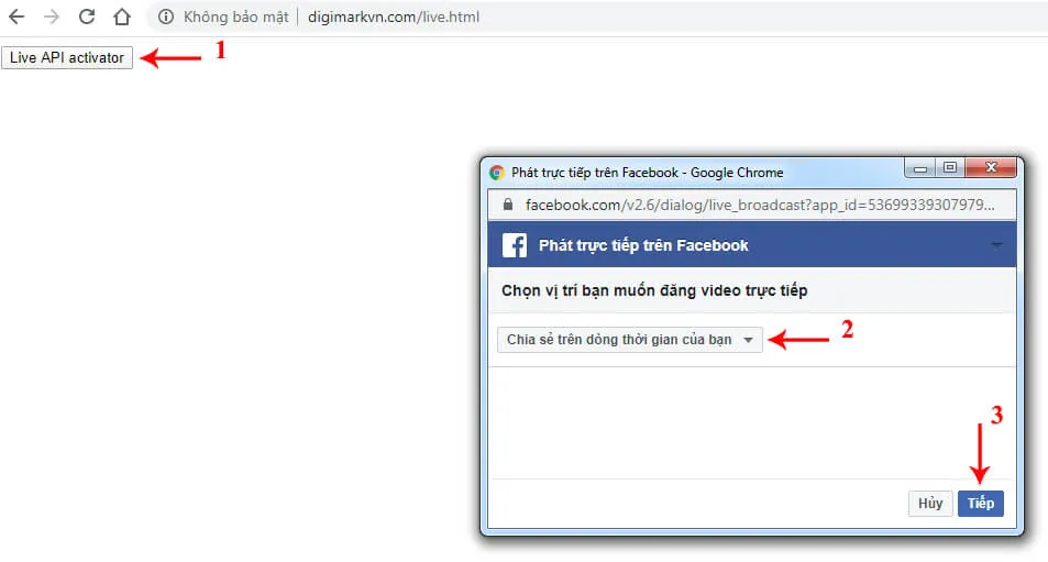 Chọn Chia sẻ lên Dòng thời gian để lấy stream key cho Facebook cá nhân