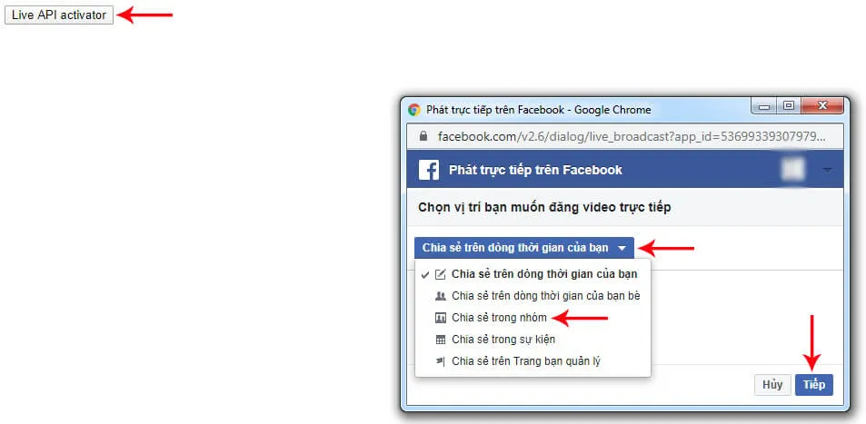 Chọn Chia sẻ nhóm để lấy stream key khi stream game trên Facebook Group