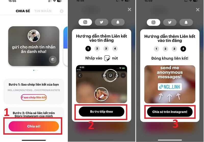 Chọn Chia sẻ từ ứng dụng NGL và các bước tiếp theo để liên kết với Instagram