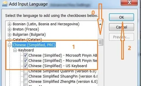 Chọn Chinese (Simplified, PRC), mở rộng Keyboard và tích chọn các phương thức nhập liệu (Pinyin, Wubi) cần thiết