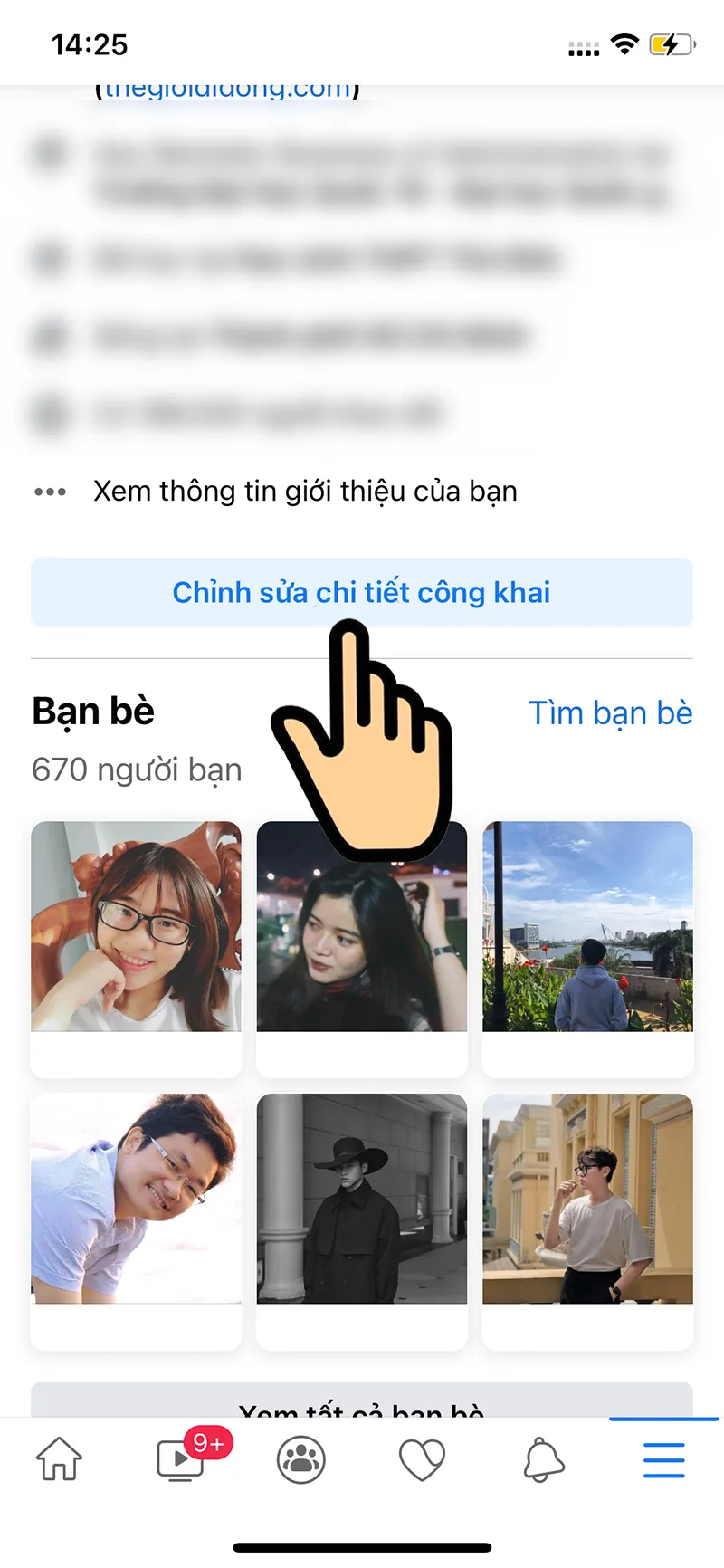 Chọn Chỉnh sửa chi tiết công khai để bắt đầu thêm bio Facebook