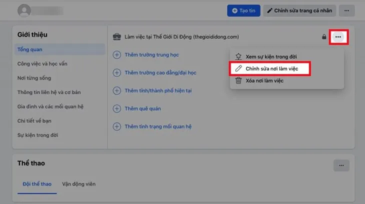 Chọn Chỉnh sửa hoặc nhấn vào biểu tượng dấu cộng để thêm mới thông tin