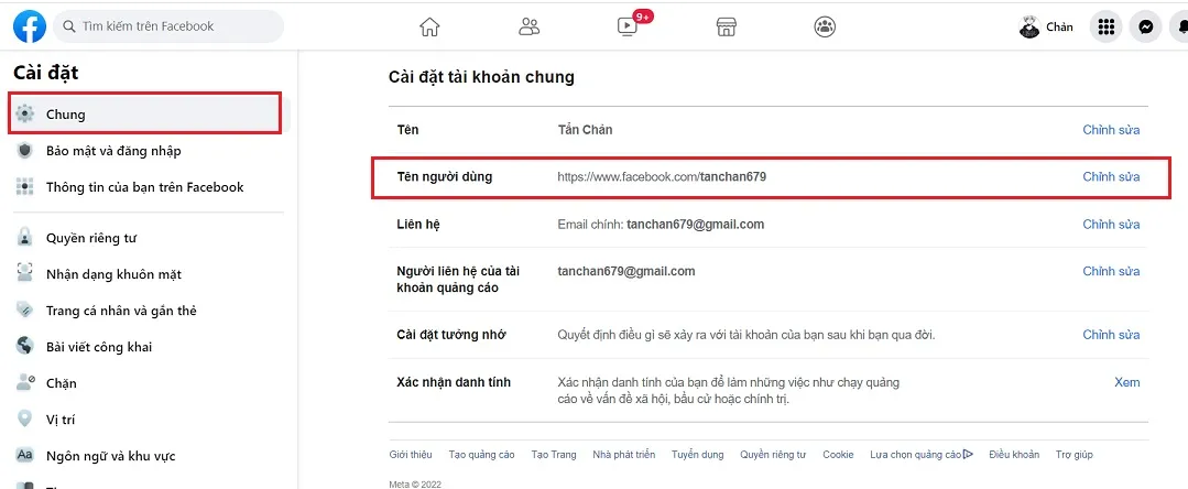 Chọn Chỉnh sửa Tên người dùng trong Cài đặt chung của Facebook trên PC