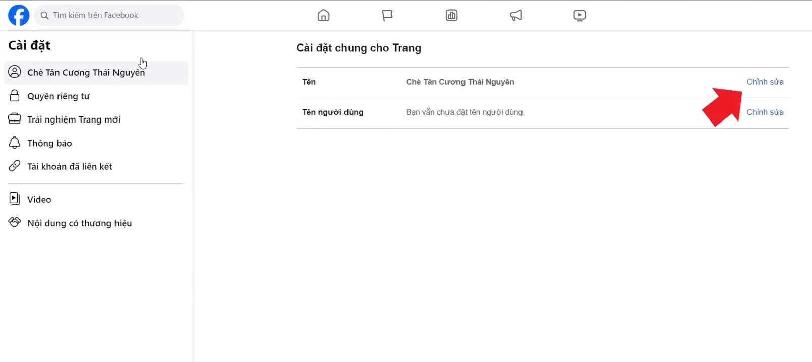 Chọn Chỉnh sửa Tên trong phần Cài đặt Chung cho Trang