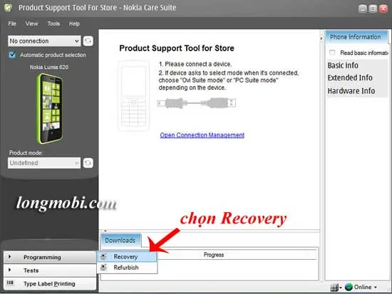Chọn chức năng Recovery trong Nokia Care Suite, một tính năng quan trọng để khôi phục phần mềm điện thoại Lumia
