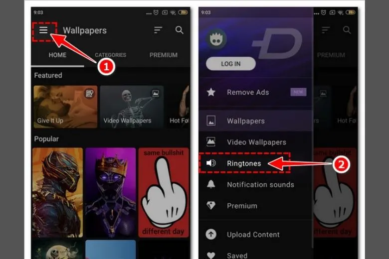 Chọn chức năng Ringtones (Nhạc chuông) trong Zedge