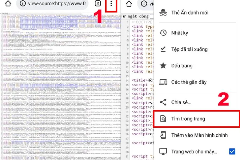 Chọn chức năng Tìm trong trang trên trình duyệt điện thoại Android