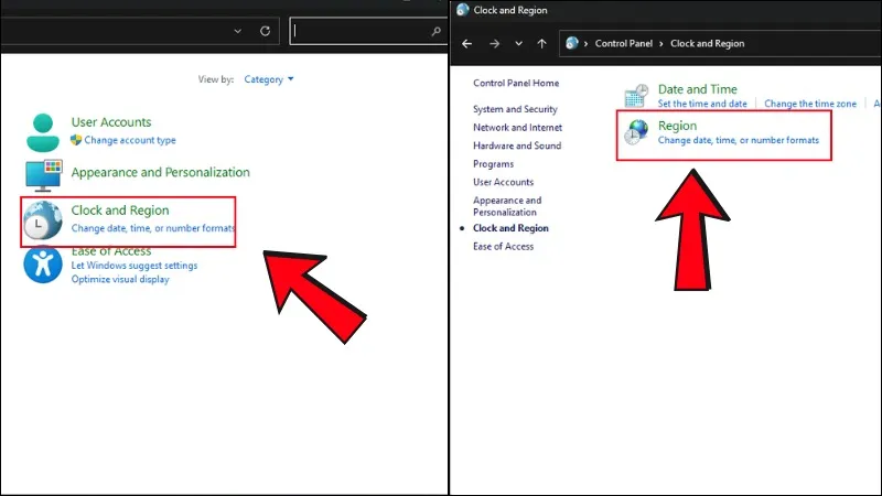 Chọn Clock and Region để tùy chỉnh khu vực và ngôn ngữ