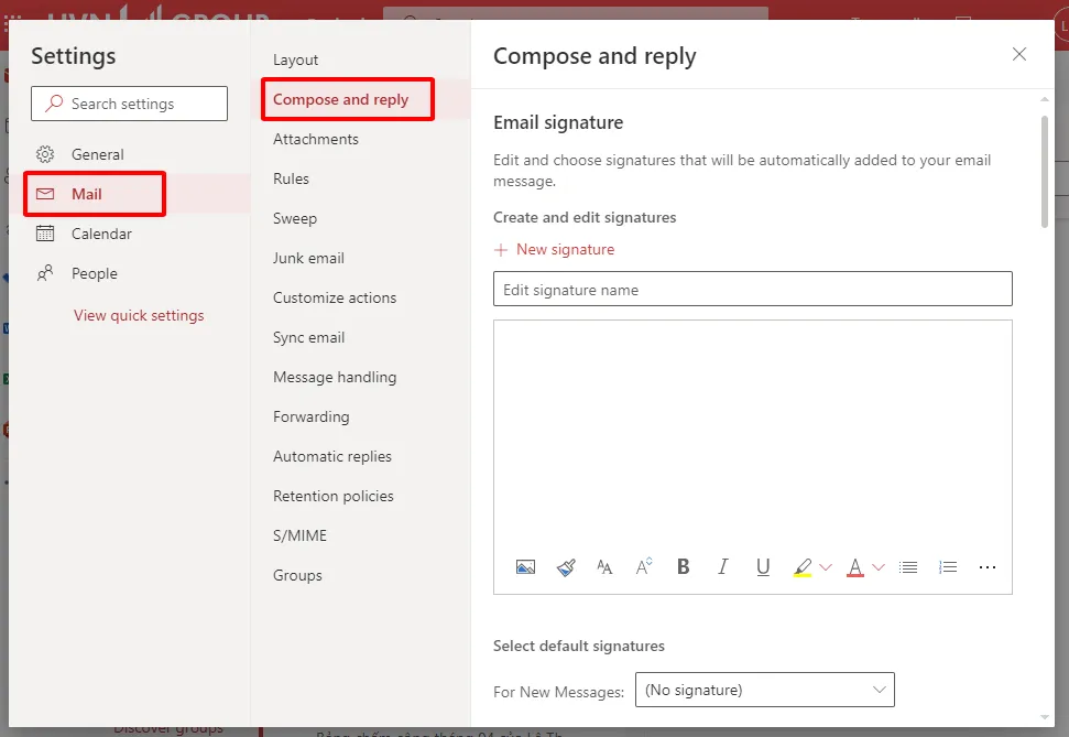Chọn Compose and reply trong cài đặt để thực hiện cách cài mặc định font chữ trong mail outlook bản web