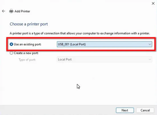 Chọn cổng kết nối USB phù hợp, thường là USB001