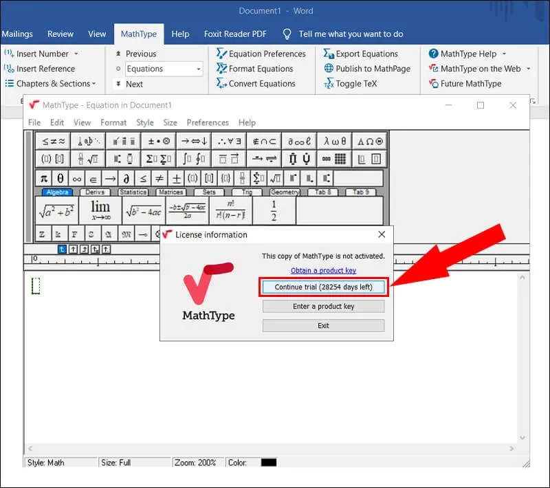 Chọn Continue trial để hoàn tất crack MathType với số ngày sử dụng dài hạn
