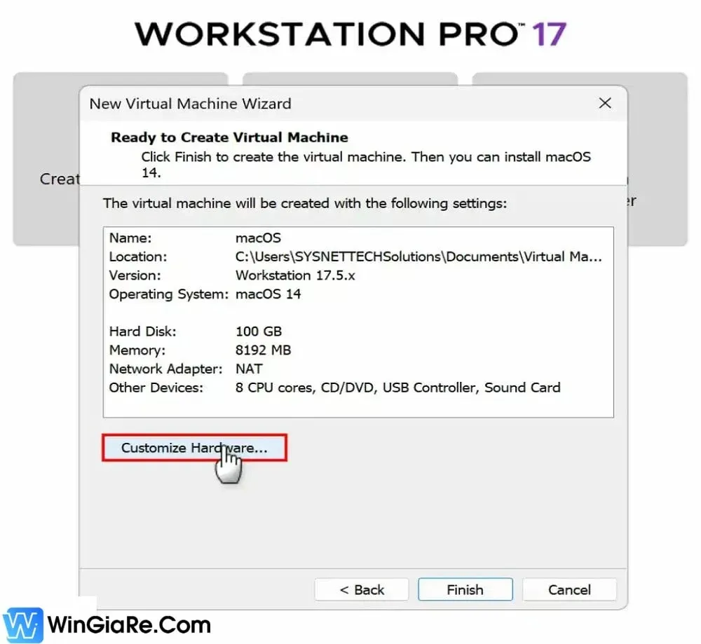 Chọn Customize Hardware để tinh chỉnh cấu hình máy ảo macOS
