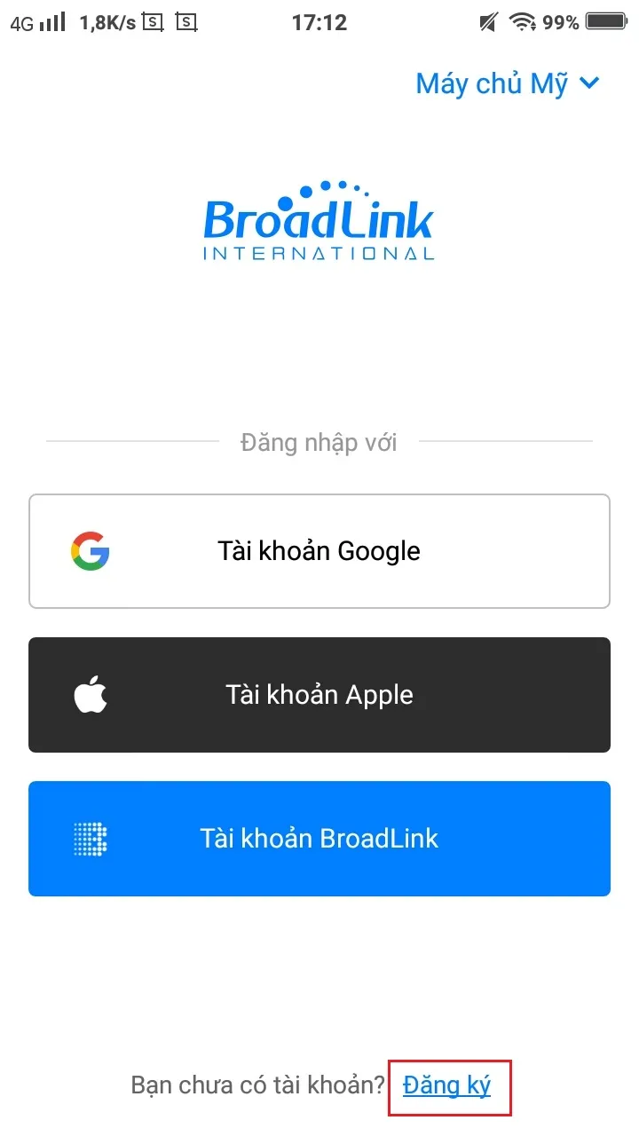 Chọn Đăng ký tài khoản trên ứng dụng BroadLink