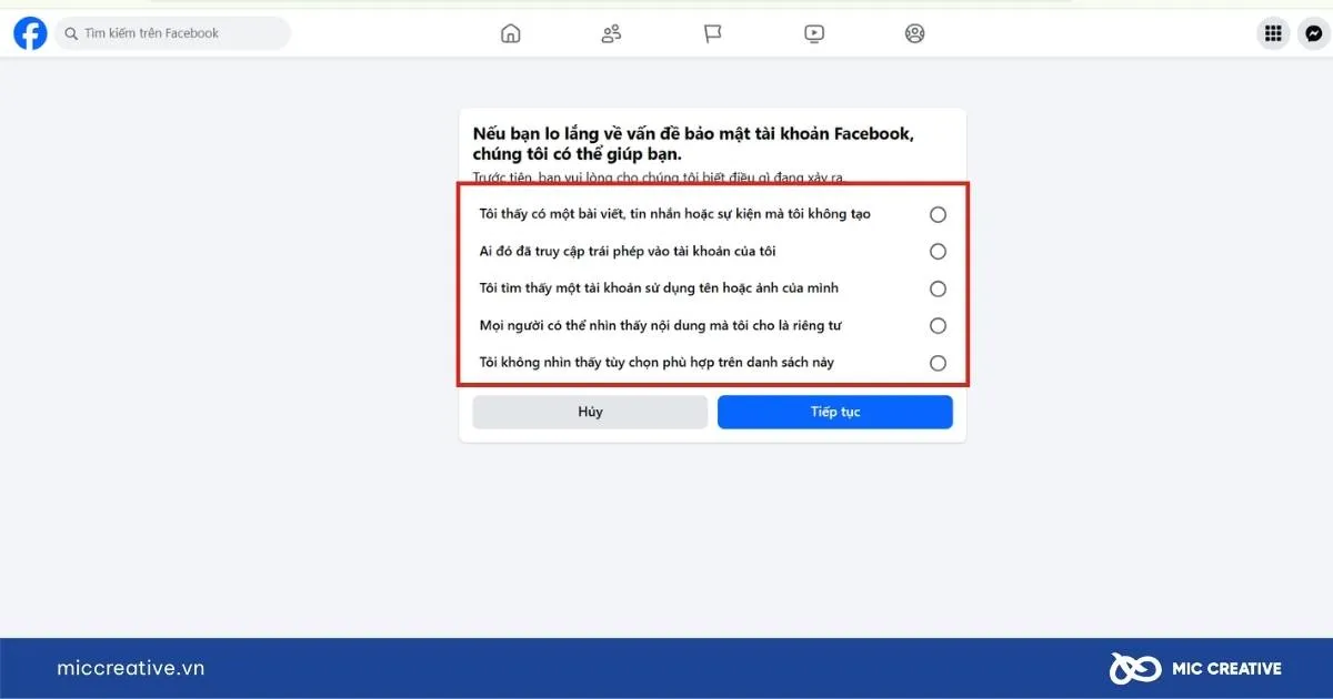 Chọn danh mục vấn đề để báo cáo vấn đề Trang với Facebook