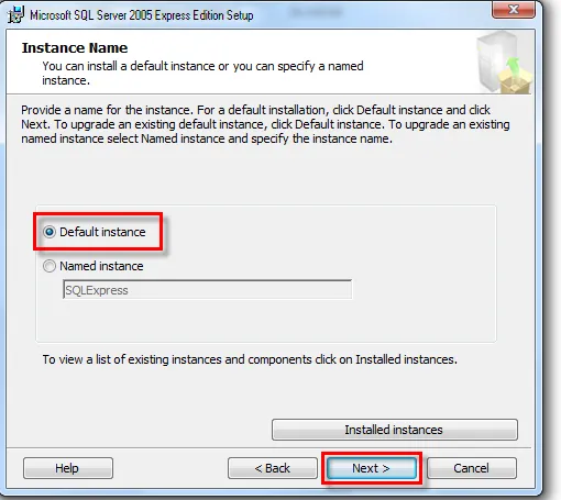 Chọn Default Instance khi cài SQL Server 2005 Express Edition
