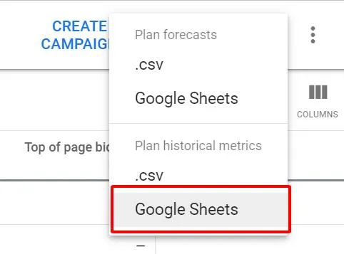 Chọn định dạng tải xuống Google Sheet cho danh sách Page/từ khóa