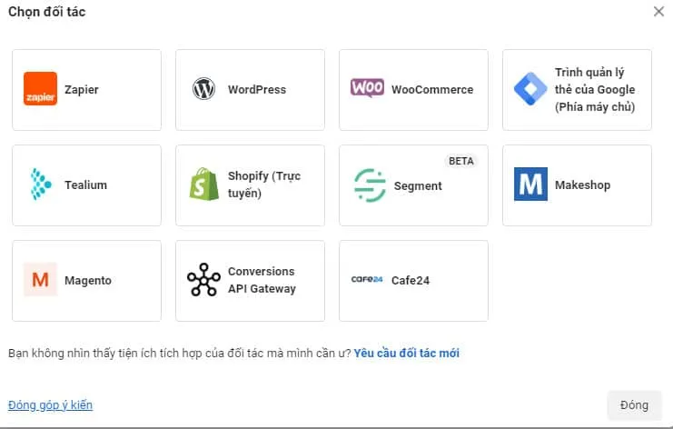 Chọn đối tác để tích hợp Facebook Pixel