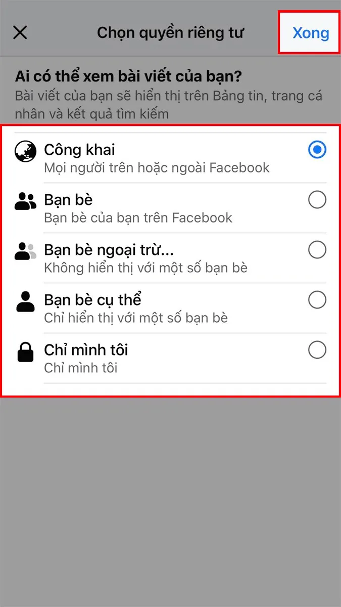 Chọn đối tượng mà bạn cho phép xem ảnh > Chọn Xong ở góc trên bên phải